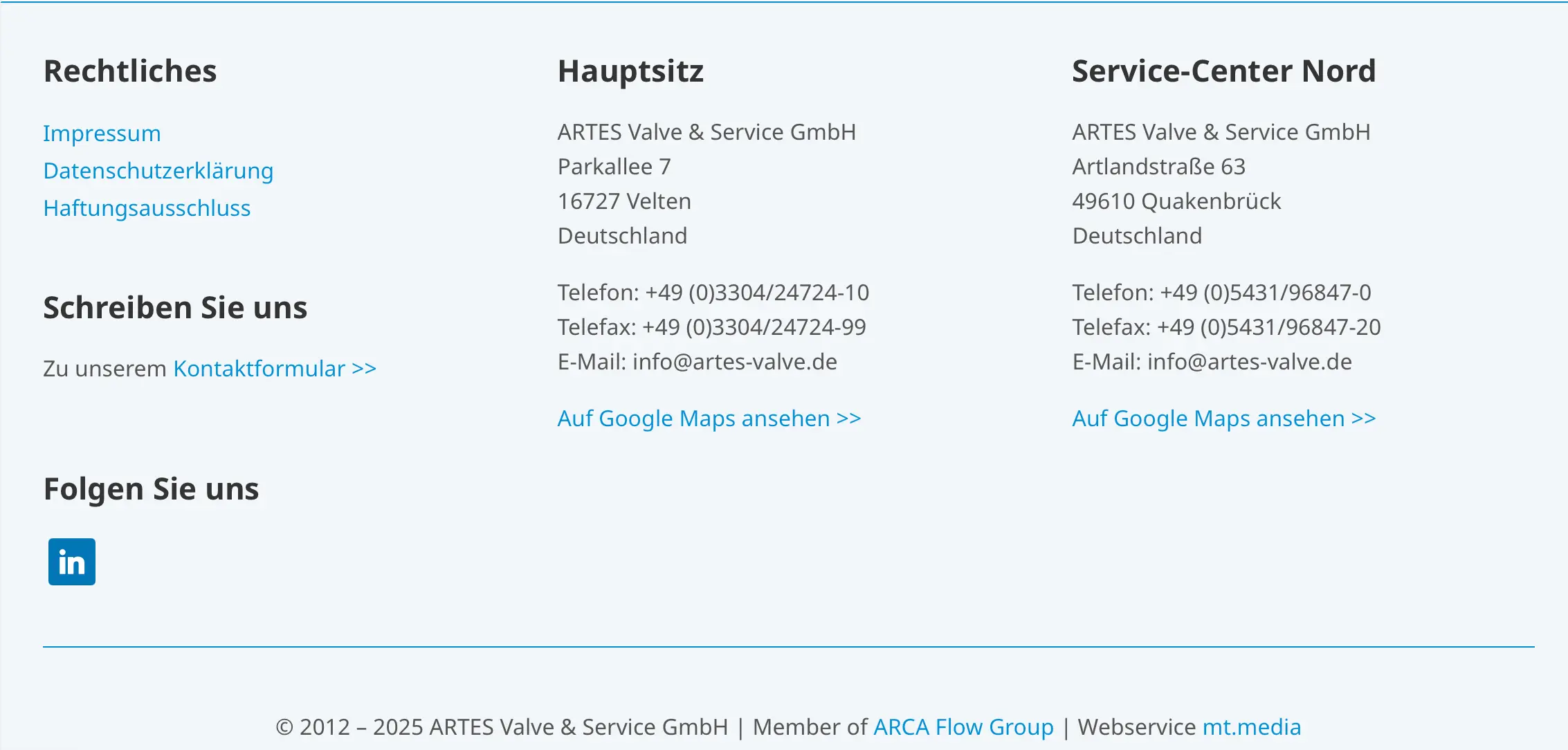 Bild: Screenshot des Footers vom Industrieunternehmen ARTES Valve & Service GmbH