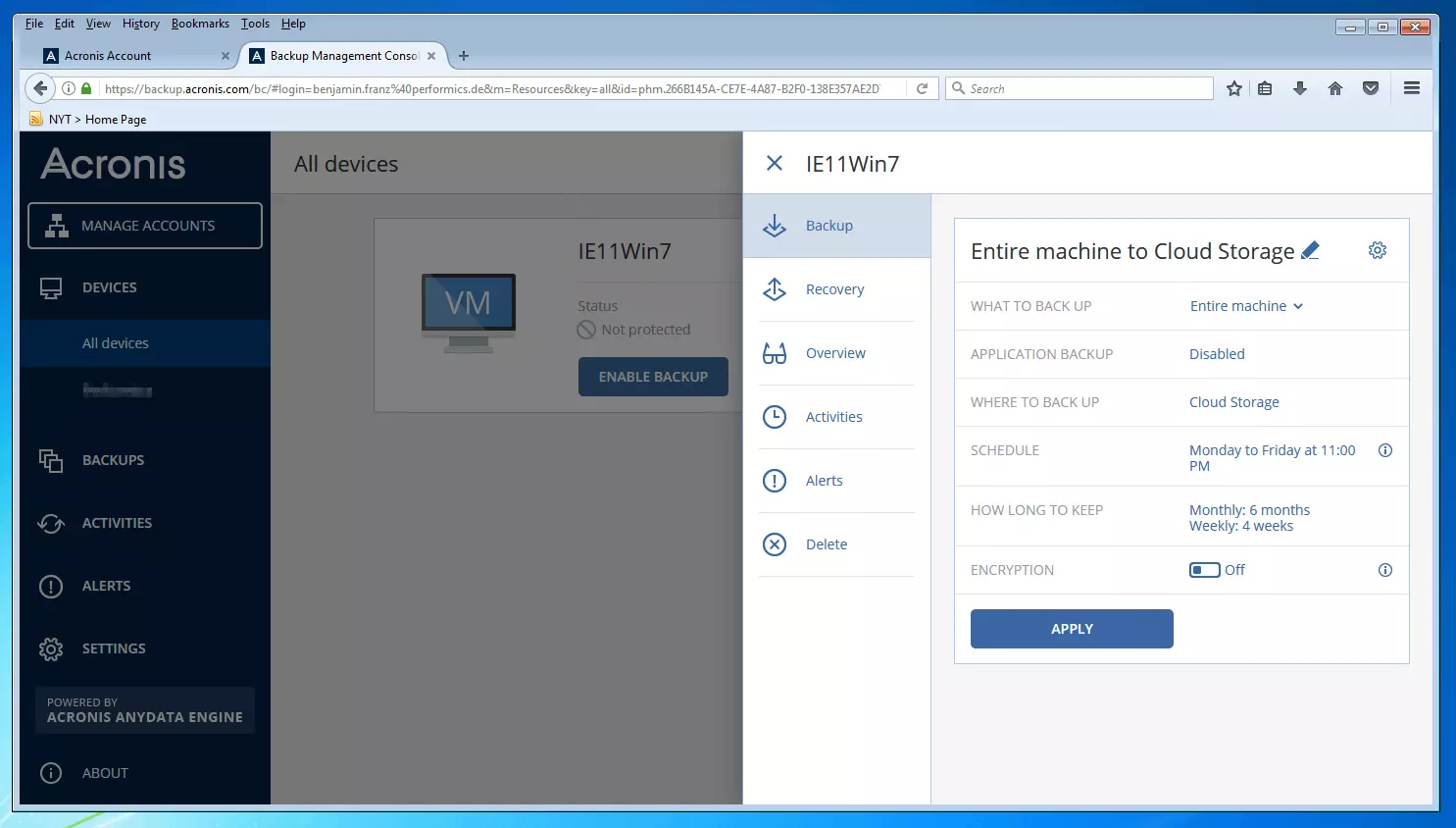 Bild: Die Backup-Management-Konsole von Acronis Backup 12.5: Menü zur Erstellung von Backup-Plänen
