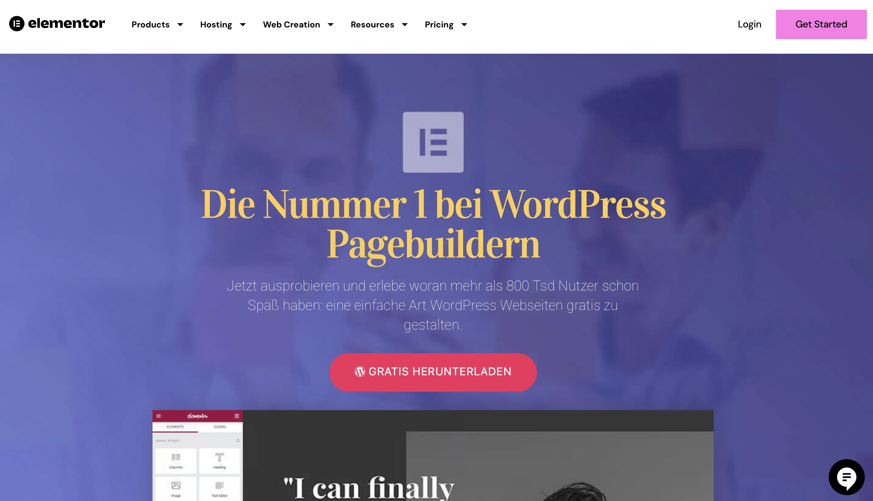 Screenshot der Elementor-Homepage Bild: Screenshot der Elementor-Homepage