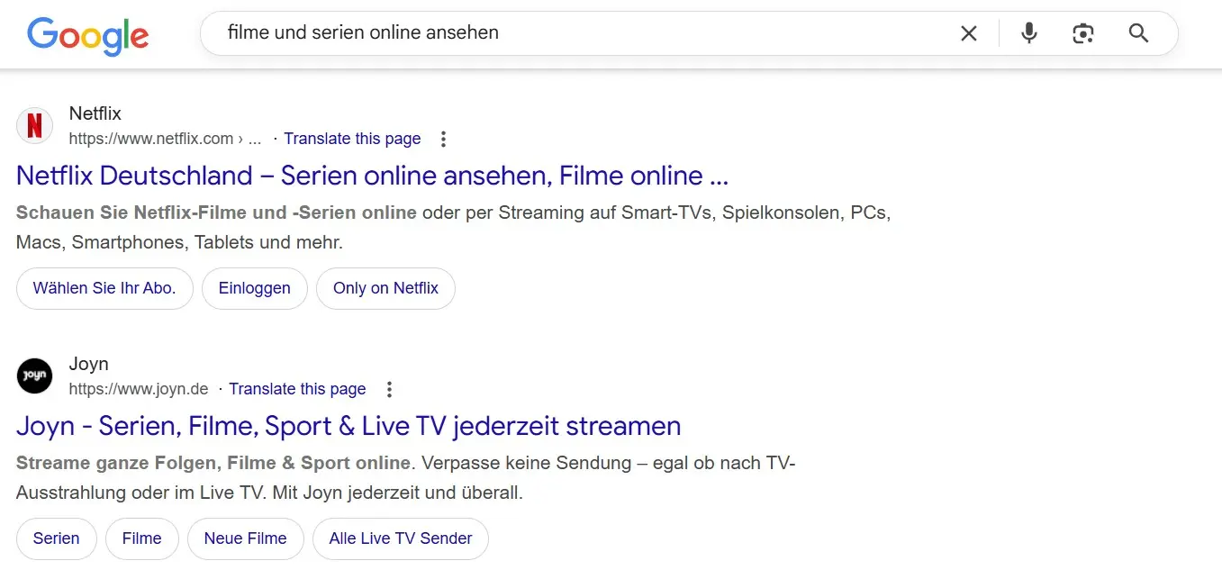 Bild: Google-Suchanfrage: „Filme und Serien online ansehen“