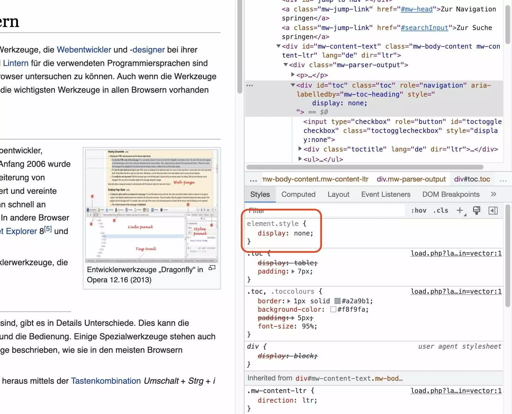Bild: Anzeige des Elements per CSS unterdrücken