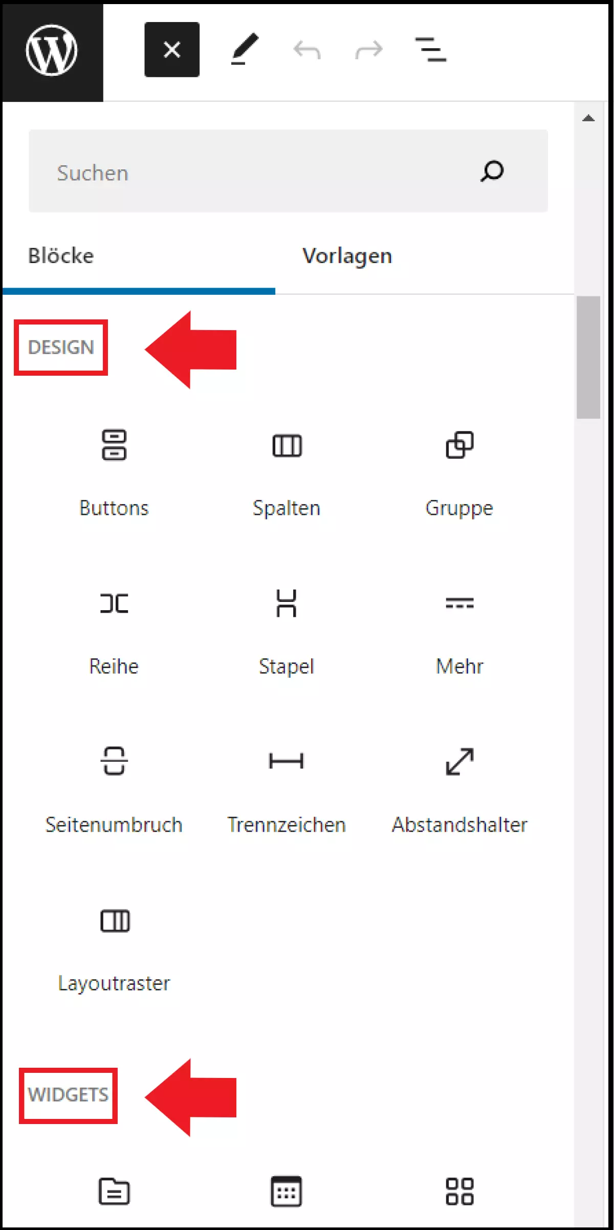 Die Bereiche „Design“ und „Widgets“ im Editormenü Die Bereiche „Design“ und „Widgets“ im Editormenü
