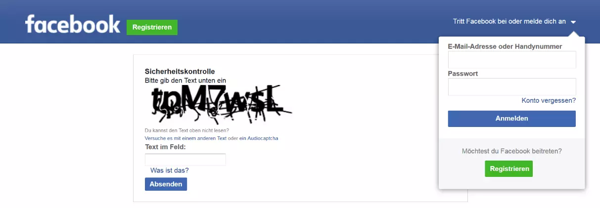 Bild: Facebook-Sicherheitskontrolle mithilfe eines textbasierten Captchas