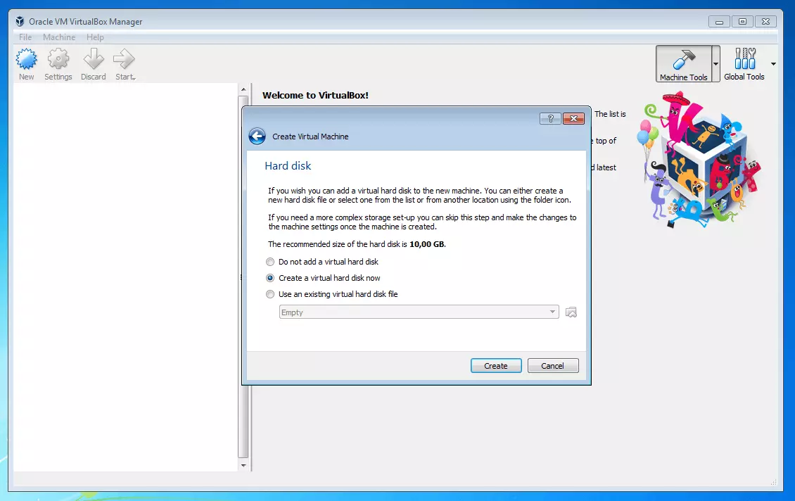 Oracle VM VirtualBox Manager: Wahl der virtuellen Festplatte