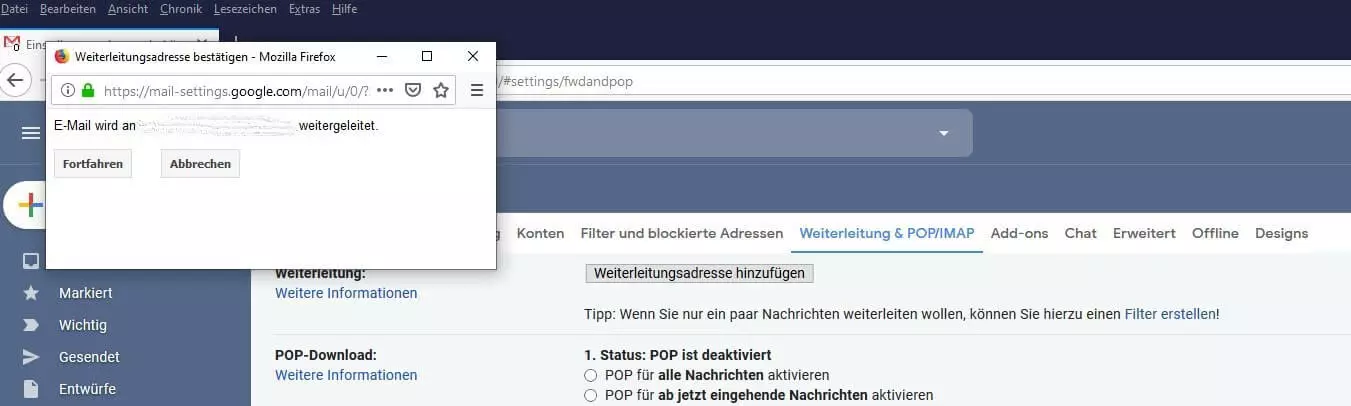 Bestätigungsfenster der Gmail-Weiterleitung
