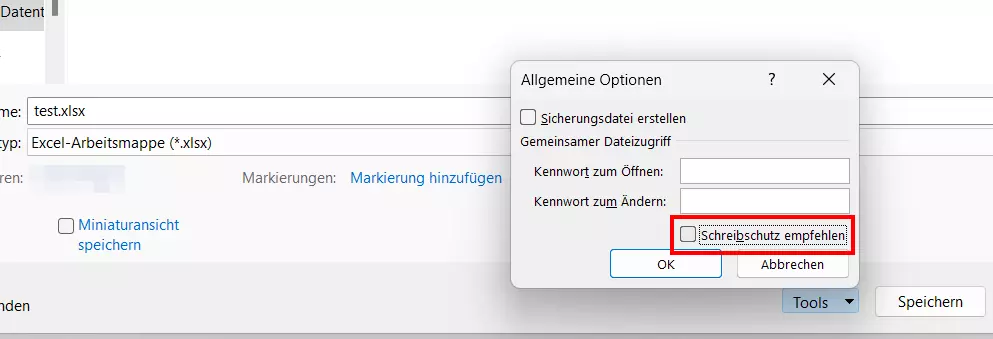 Excel-Option „Schreibschutz empfehlen“ Excel-Option „Schreibschutz empfehlen“
