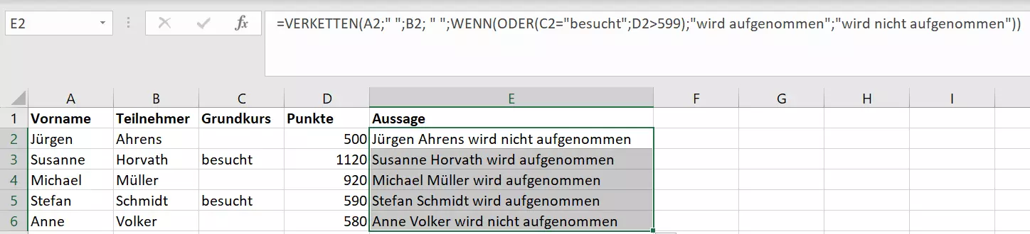 Excel: Kombination von WENN-ODER und VERKETTEN Excel: Kombination von WENN-ODER und VERKETTEN