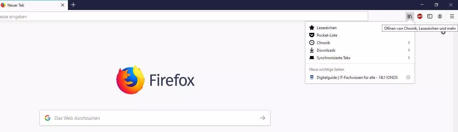 Firefox-Desktop-Menü „Chronik, Lesezeichen und mehr“