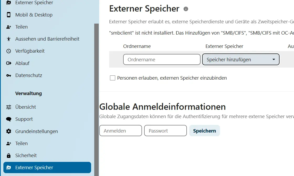 Bild: Nextcloud: Menü „Externer Speicher“