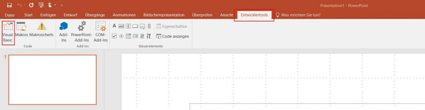 Bild: Registerkarte „Entwicklertools“ in PowerPoint 2016