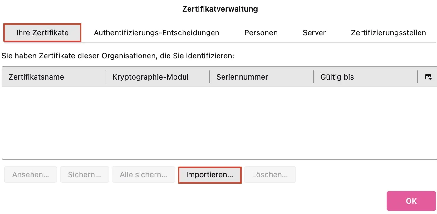 Zertifikat in Thunderbird importieren Bild: Zertifikat in Thunderbird importieren