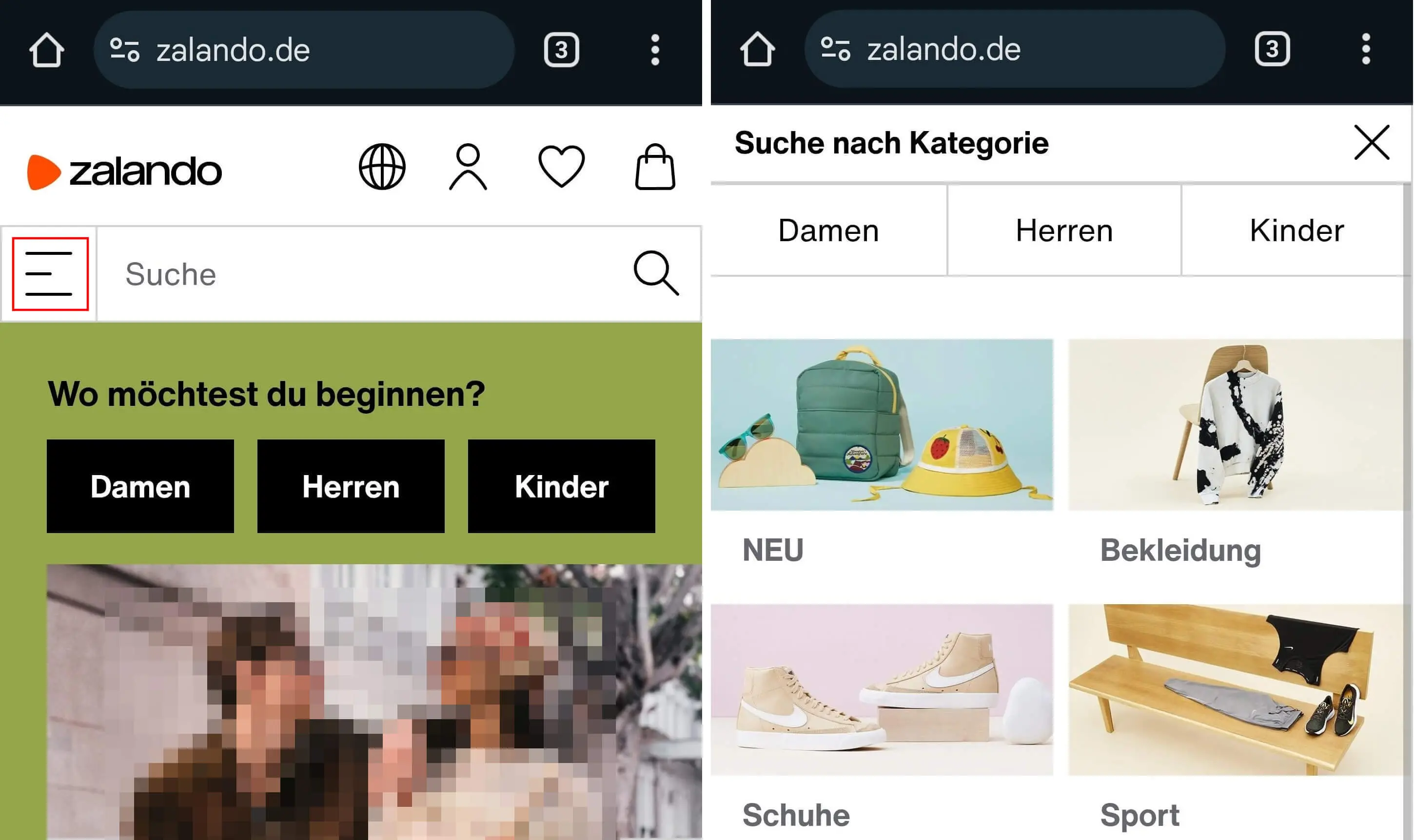 Bild: Raster-Navigation im Zalando-Shop