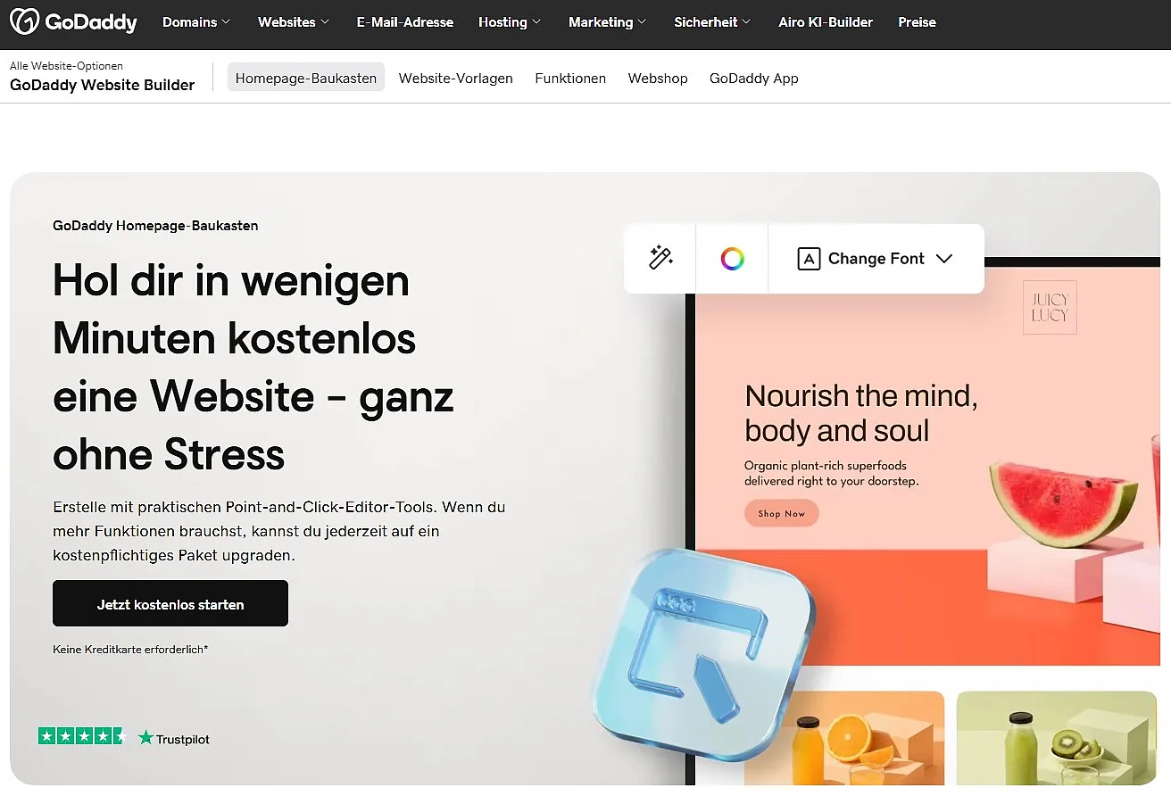 Landingpage des GoDaddy Homepage-Baukastens Bild: Landingpage des GoDaddy Homepage-Baukastens