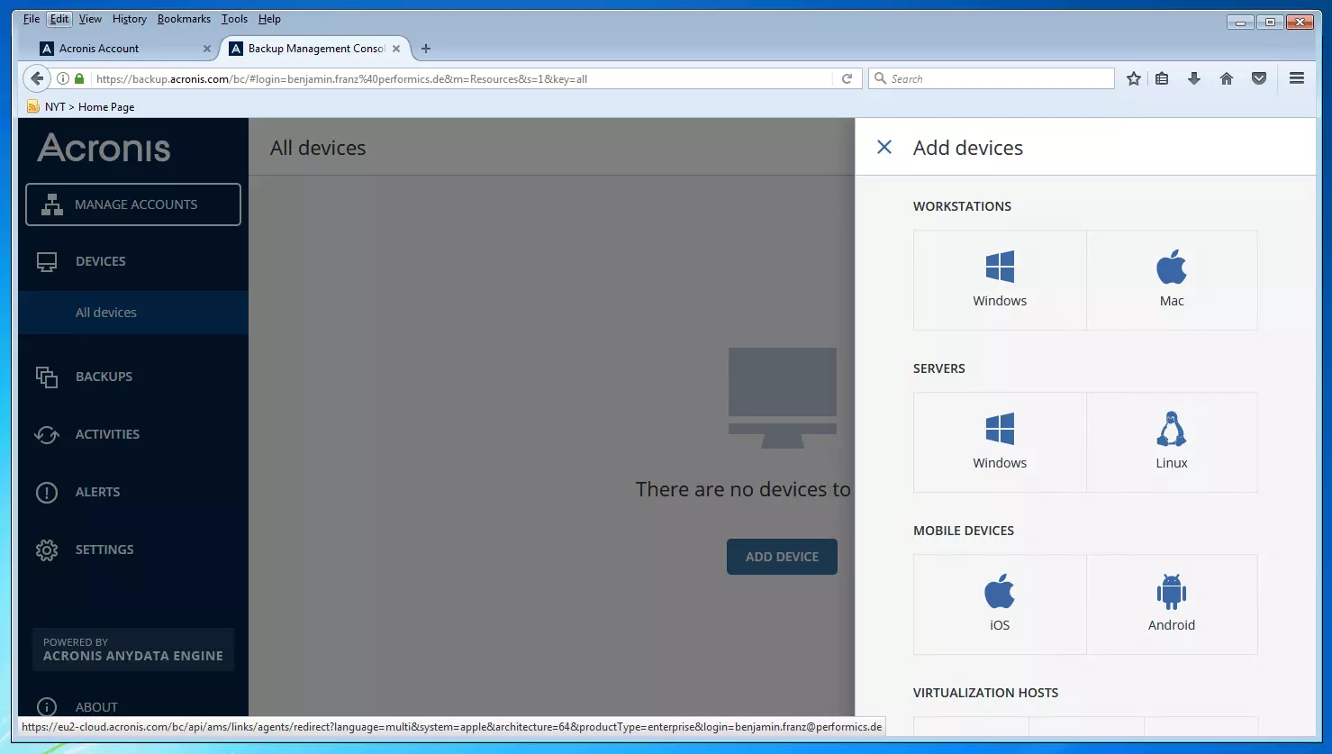 Bild: Die Backup-Management-Konsole von Acronis Backup 12.5: Geräteverwaltung
