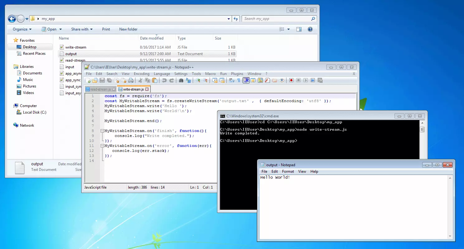 Bild: Terminalausgabe nach Ausführung der JavaScript-Anwendung write-stream.js