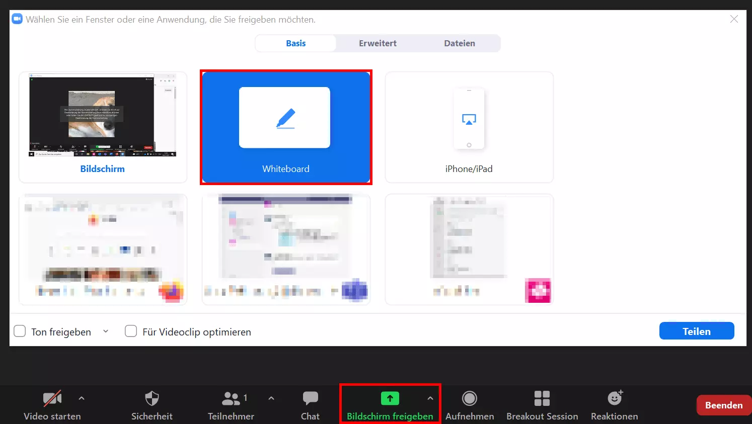 Bild: Bildschirmfreigabe mit Option für Zoom-Whiteboard