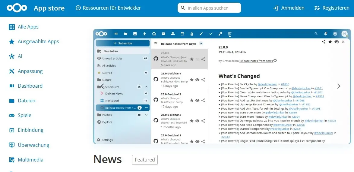 Bild: Nextcloud News im Nextcloud App Store