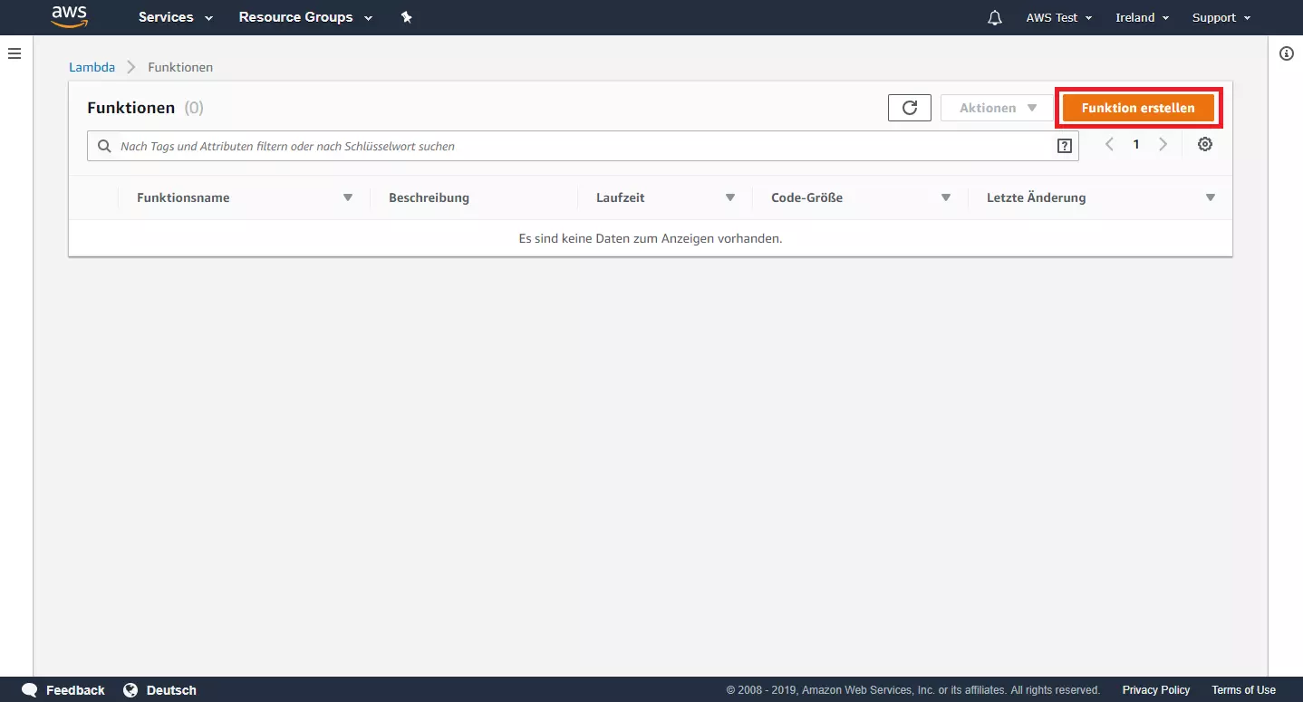 Bild: AWS-Management-Konsole: Überblick über bereits erstellte Lambda-Funktionen (noch leer)