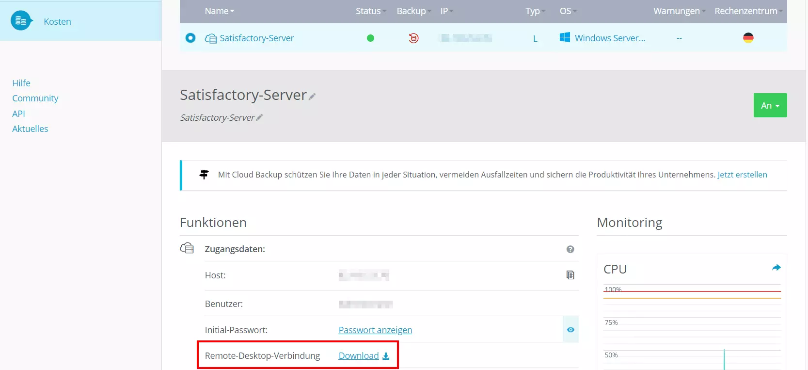 Bild: IONOS Cloud Panel: Server-Zugangsdaten im Überblick