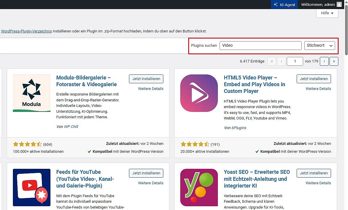 Bild: Ansicht verfügbarer Video-Plugins im WordPress-Backend