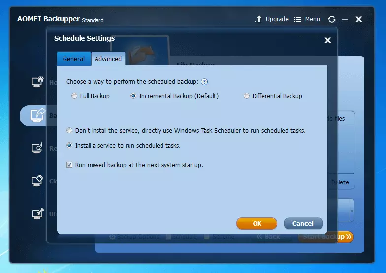 Bild: Aomei Backupper Standard 4.0.4: Menü zur Auswahl des Backup-Schemas