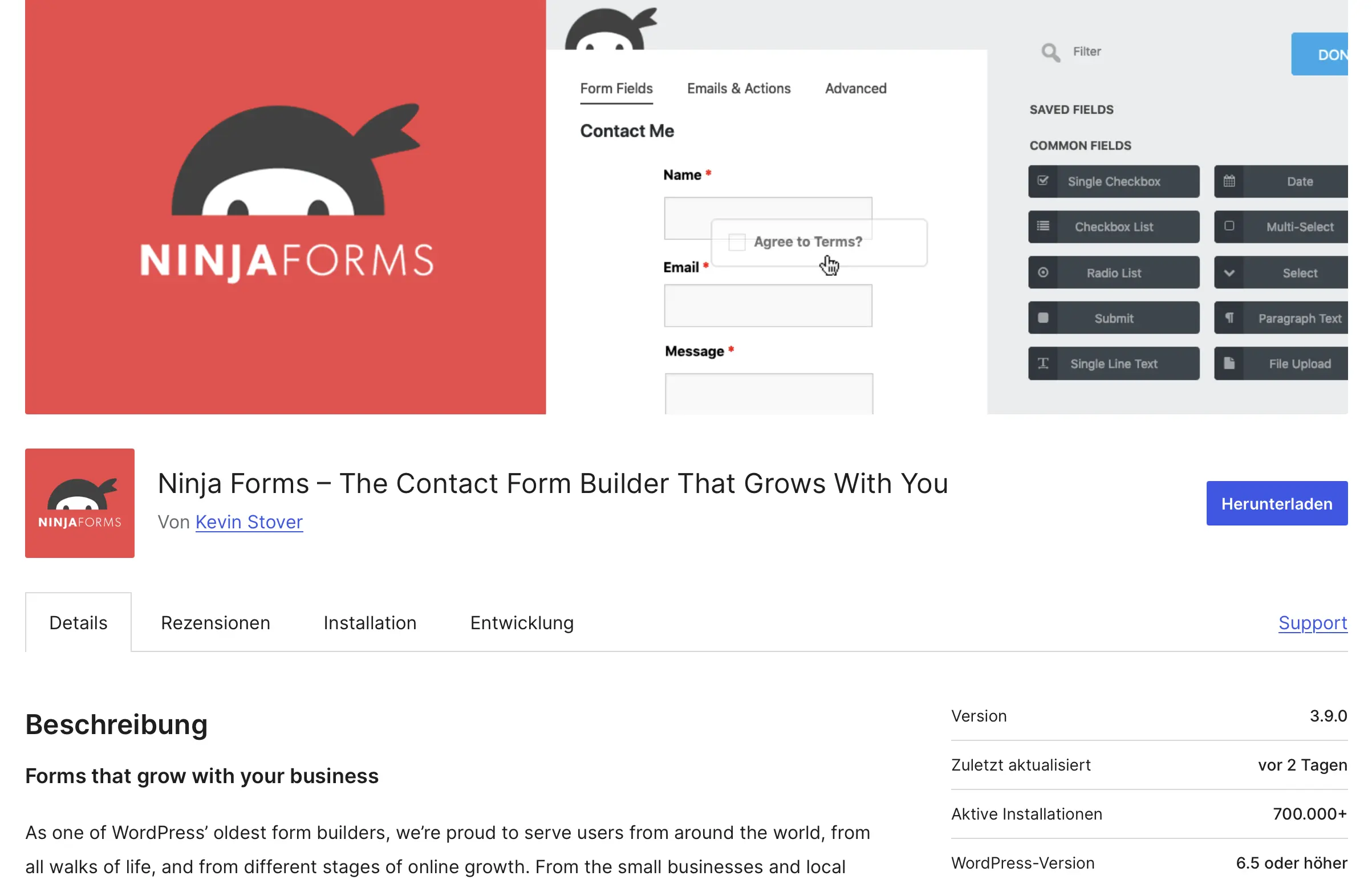 Bild: Screenshot des WordPress-Kontaktformular-Plugins Ninja Forms