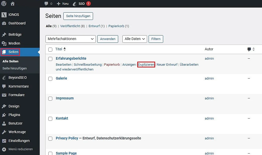WordPress-Backend: Yoast-„Duplizieren“-Schaltfläche Bild: WordPress-Backend: Yoast-„Duplizieren“-Schaltfläche