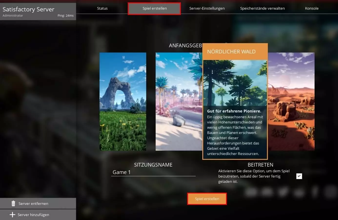 Bild: Satisfactory-Server: Spiel erstellen im Client
