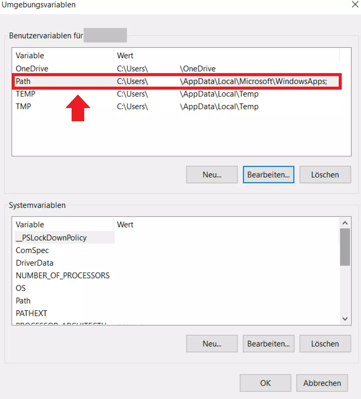 Bild: Die Umgebungsvariablen in der Systemsteuerung von Windows