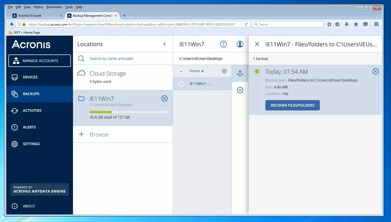 Bild: Die Backup-Management-Konsole von Acronis Backup 12.5: Übersicht über erstellte Backups