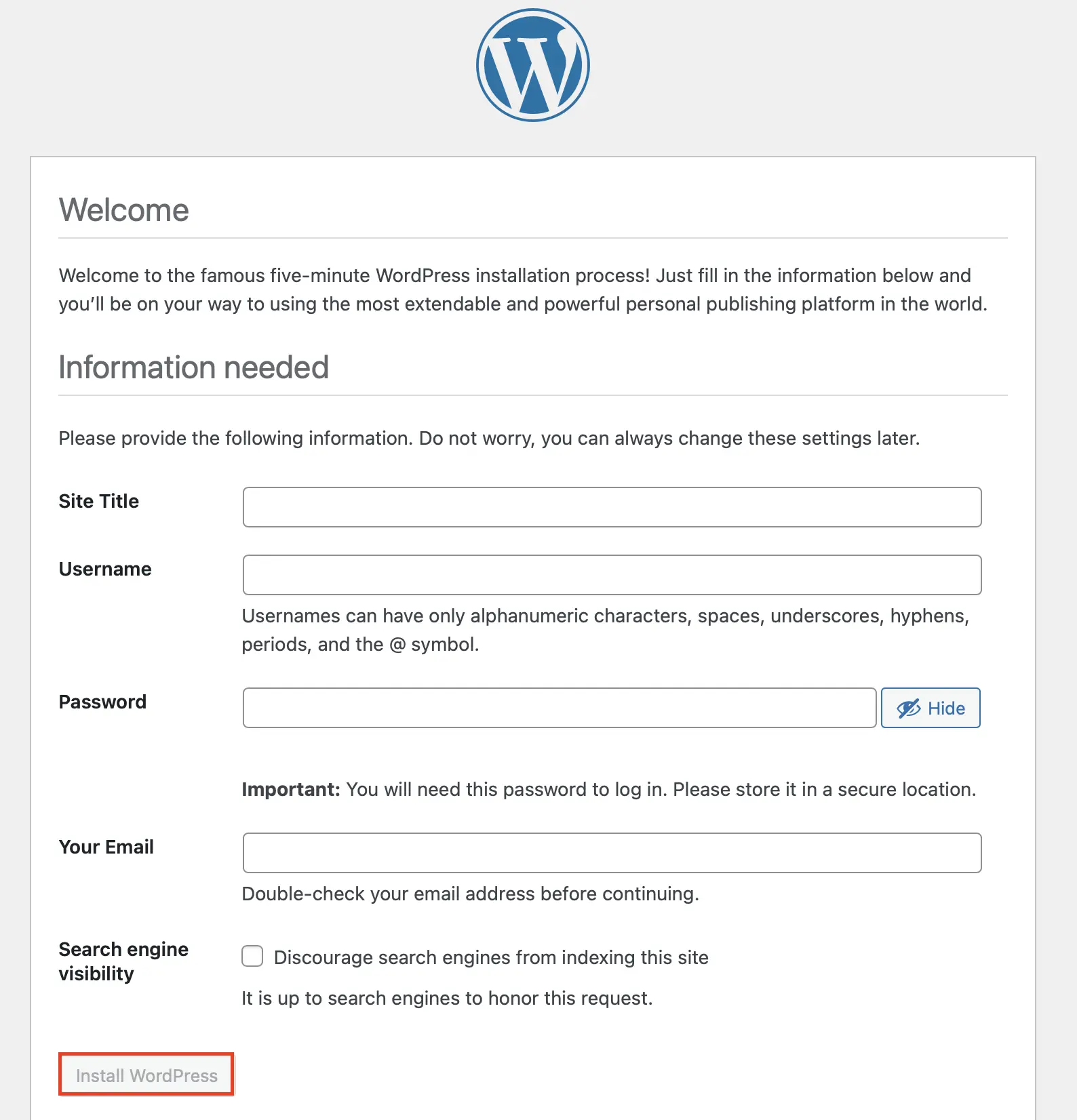 Bild: Screenshot der WordPress-Installation: Angaben zur WordPress-Seite
