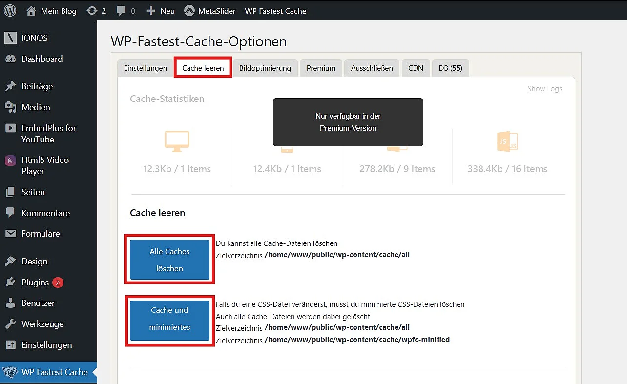 WP Fastest Cache: Weg über die Optionen, den WordPress-Cache zu löschen Bild: WP Fastest Cache: Weg über die Optionen, den WordPress-Cache zu löschen