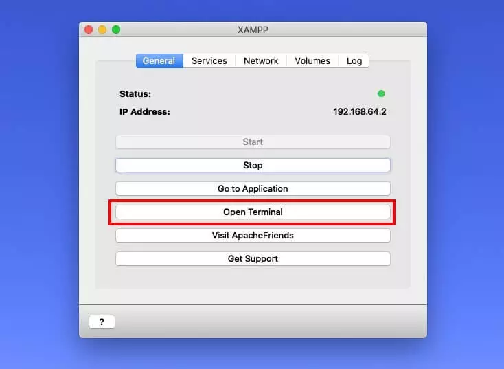 Bild: Benutzeroberfläche von XAMPP mit dem Button „Open Terminal“