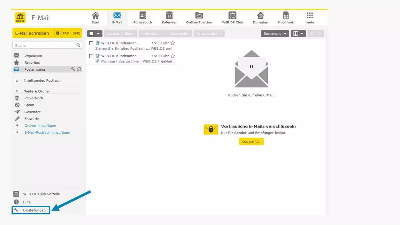 Bild: Abwesenheitsnotiz ohne Mozilla Thunderbird: Die Einstellungen bei WEB.DE aufrufen