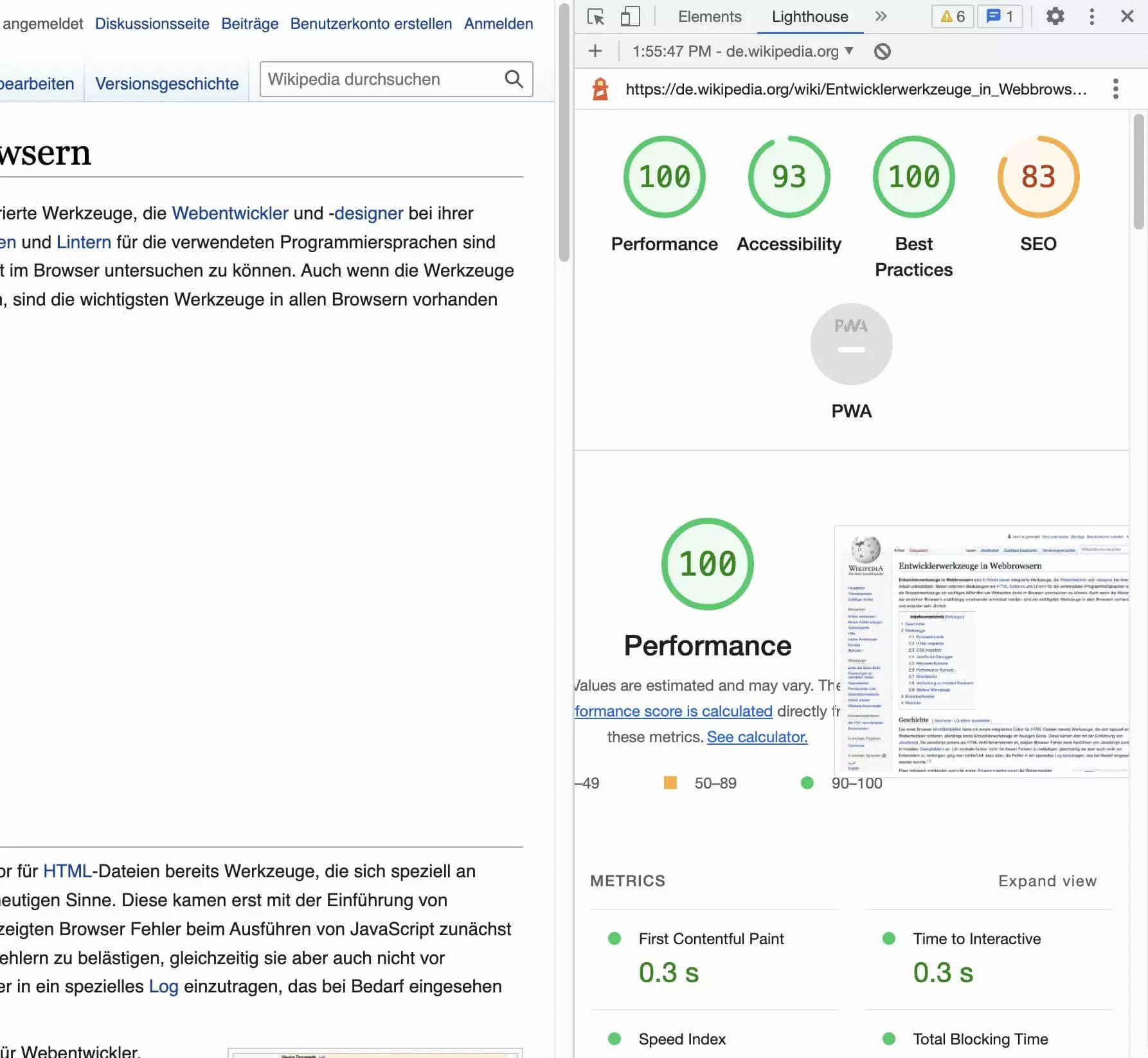 Bild: Ergebnis des Lighthouse-Audits in den Chrome Developer Tools