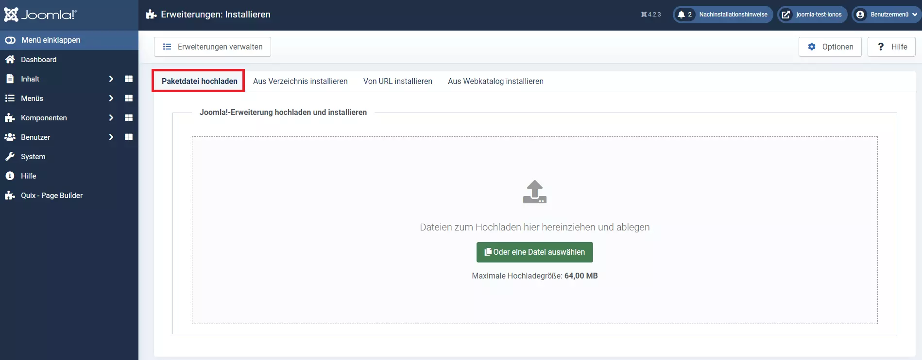 Option „Paketdatei hochladen“ im Joomla-Backend Option „Paketdatei hochladen“ im Joomla-Backend