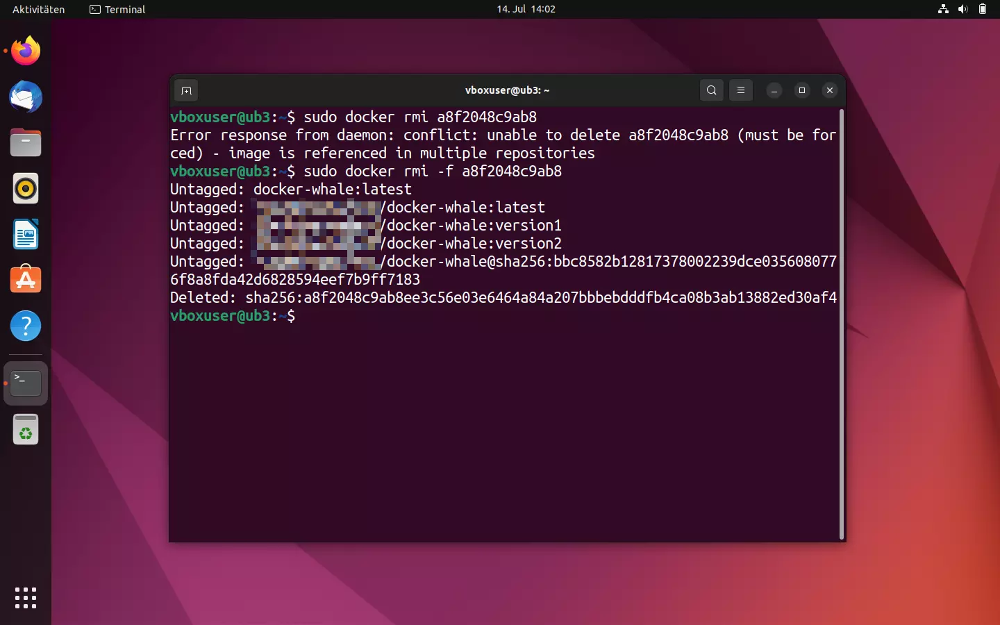 Befehl docker rmi in Kombination mit der Option -f (force) Befehl docker rmi in Kombination mit der Option -f (force)