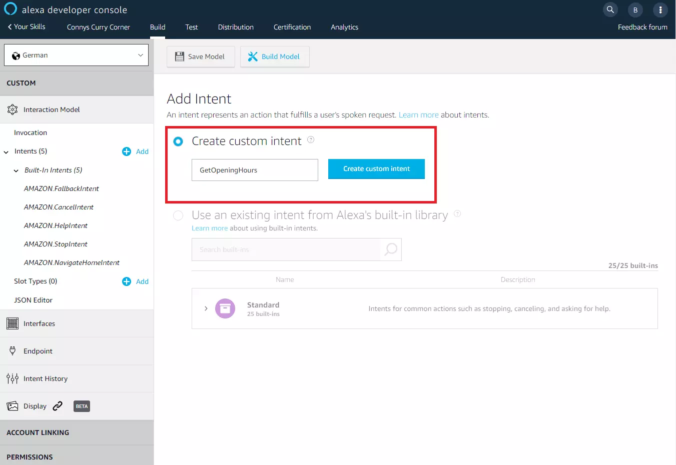 Bild: Alexa-Developer-Konsole: Definition der Intents