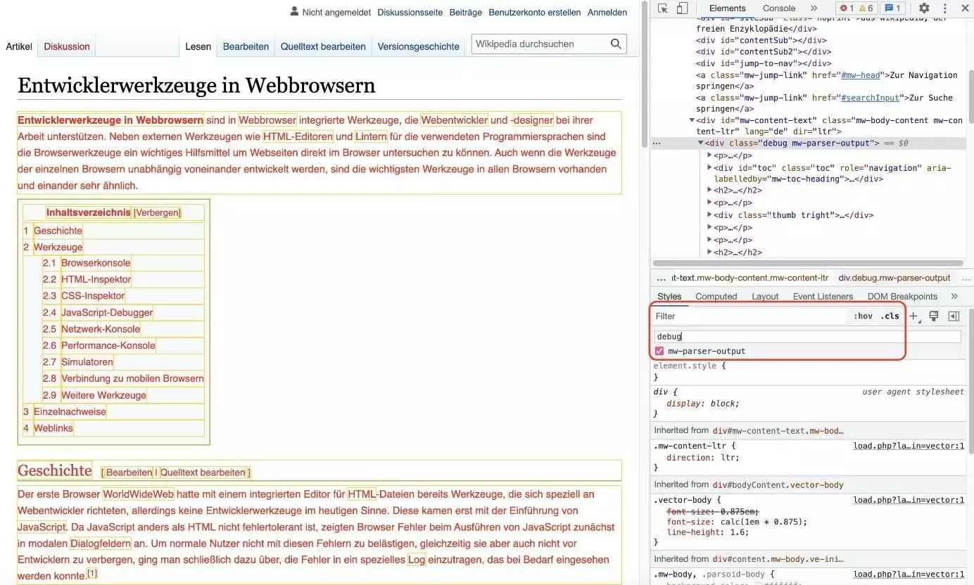 Bild: Effekt der Debug-Style-Regel auf das Body-Element