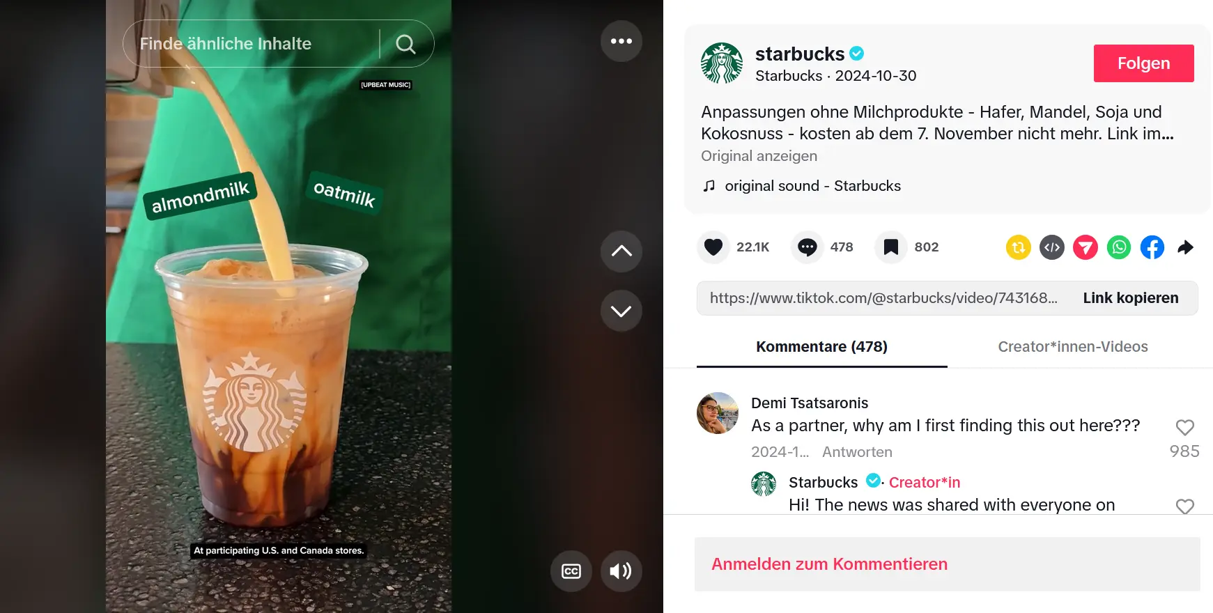 Screenshot eines TikTok-Posts von Starbucks Bild: Screenshot eines TikTok-Posts von Starbucks