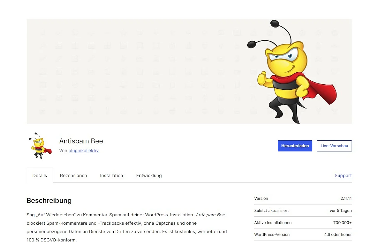 wordpress.org: Plugin-Übersichtsseite zu „Antispam Bee“ Bild: wordpress.org: Plugin-Übersichtsseite zu „Antispam Bee“