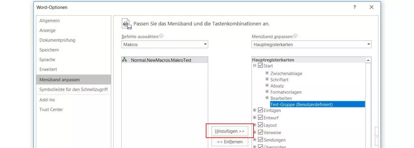Bild: Makro in Word zu Registerkarte hinzufügen