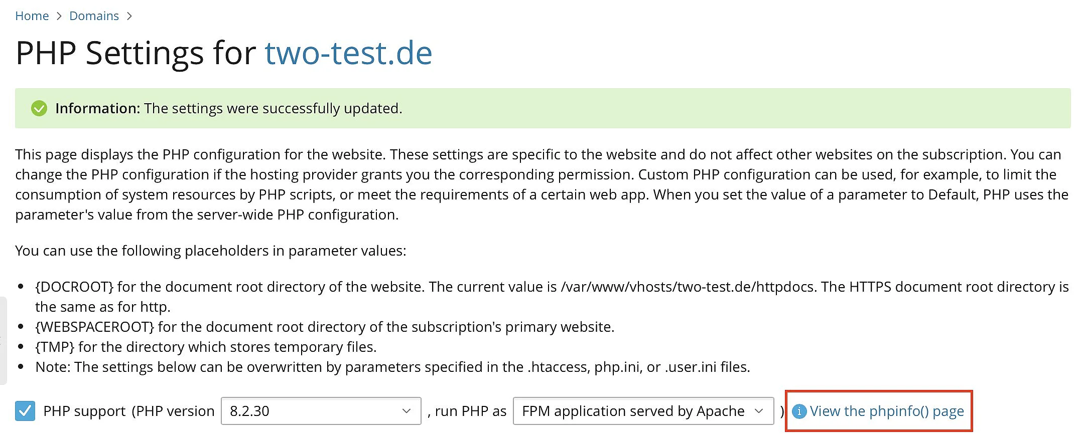 Bild: Plesk: „View the phpinfo()“-Seite