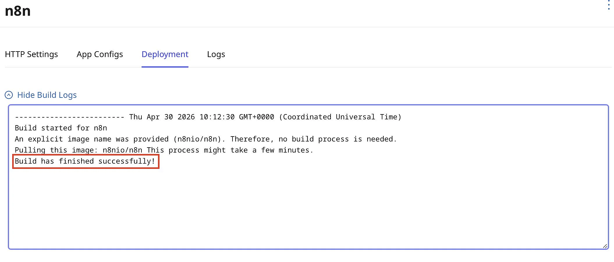 CapRover: Build erfolgreich Bild: CapRover: Build erfolgreich