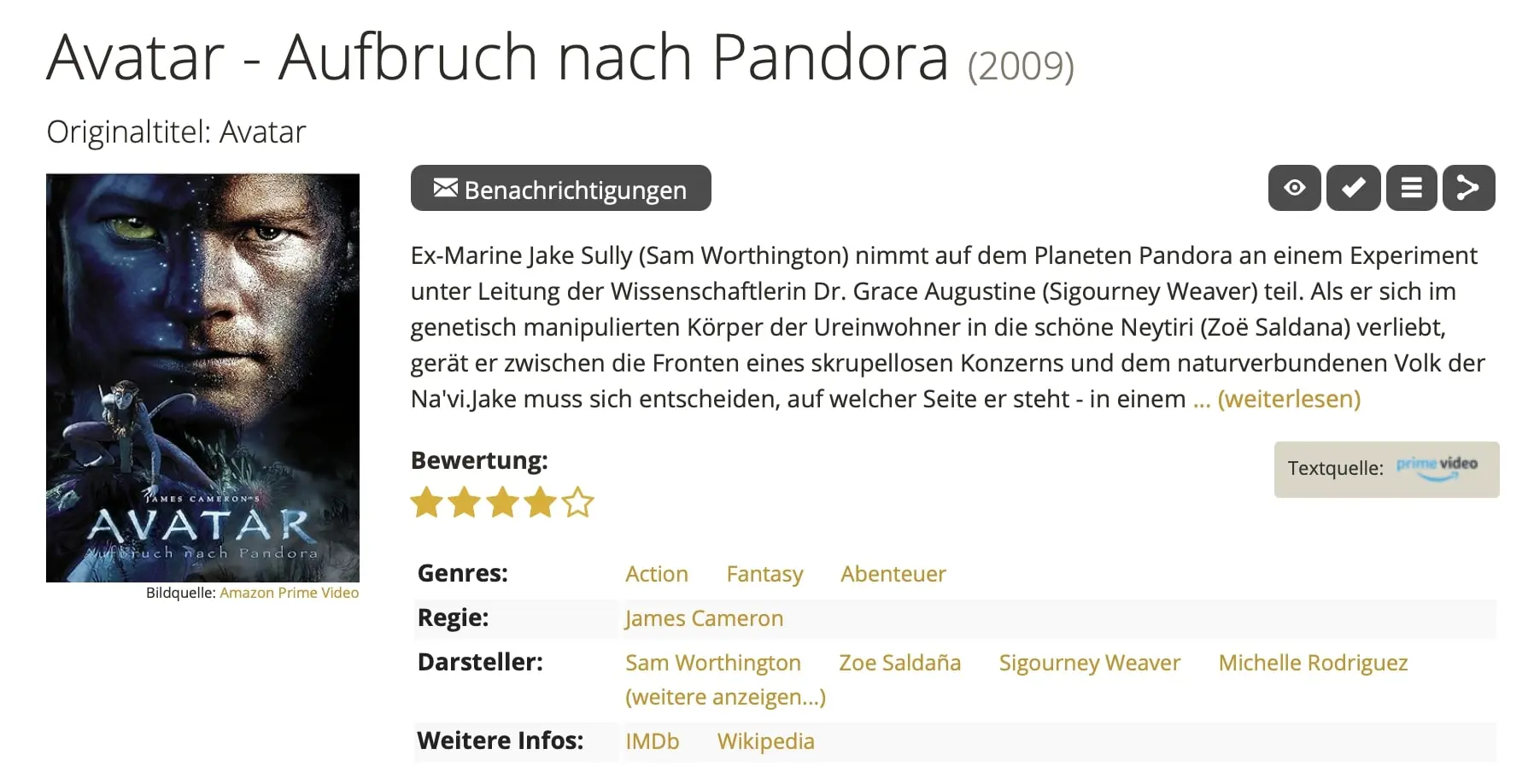 Screenshot von Film-Informationen und Bewertungen zum Film „Avatar – Aufbruch nach Pandora“ auf werstreamt.es Bild: Screenshot von Film-Informationen und Bewertungen zum Film „Avatar – Aufbruch nach Pandora“ auf werstreamt.es