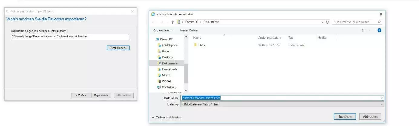 Bild: Internet Explorer 11: Speichern der Lesezeichendatei