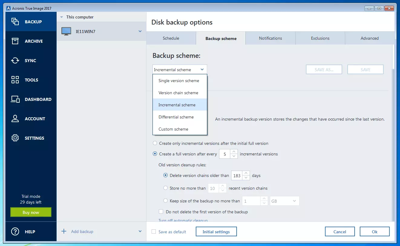 Bild: Acronis True Image 2017: Menü zur Auswahl des Backup-Schemas