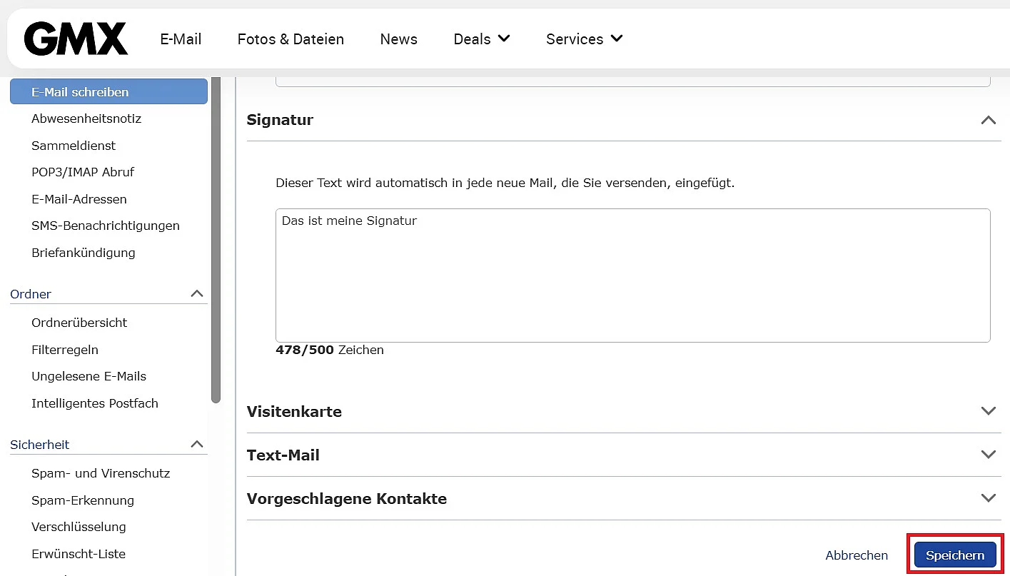 IGMX-Optionen: „Signatur bearbeiten“https://de-at-digitalguide-ionos.guides.seo.server.lan/fileadmin/DigitalGuide/Screenshots_2025/gmx-signatur-bearbeiten.jpg “Klicken Sie in GMX auf „Optionen“ und wählen Sie im Dropdown-Menü „Signatur bearbeiten“, um Ihre E-Mail-Signatur zu erstellen oder zu ändern.”)
- Geben Sie im Feld „Signatur“ bis zu 500 Zeichen Text ein. Wenn Sie mehrere Konten haben, können Sie pro Adresse eine eigene Signatur festlegen. Zum Abschluss klicken Sie auf „Speichern“.
![GMX: „Signatur“ Text eingeben und auf „Speichern“ klicken Bild: GMX: „Signatur“ Text eingeben und auf „Speichern“ klicken