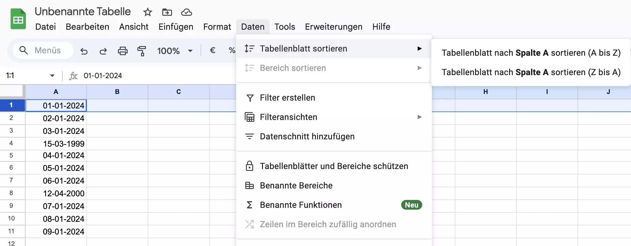 Screenshot des Menüs „Daten“ in Google Sheets Screenshot des Menüs „Daten“ in Google Sheets