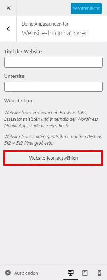 Bild: Favicon in WordPress einfügen: Menü im Customizer